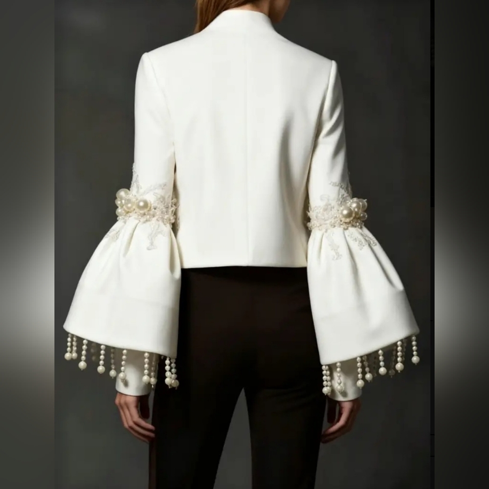 Elegant White Jacket with Pearl Embellishments - Picture 2 of 7